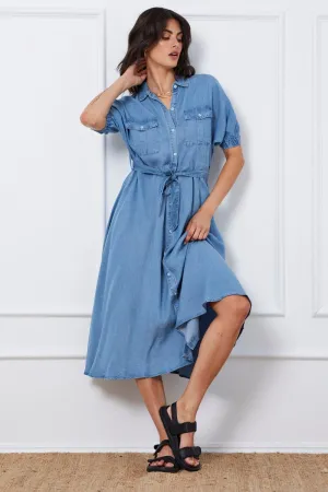 Blue A Line Dress Short Sleeve Maxi Stone Glow