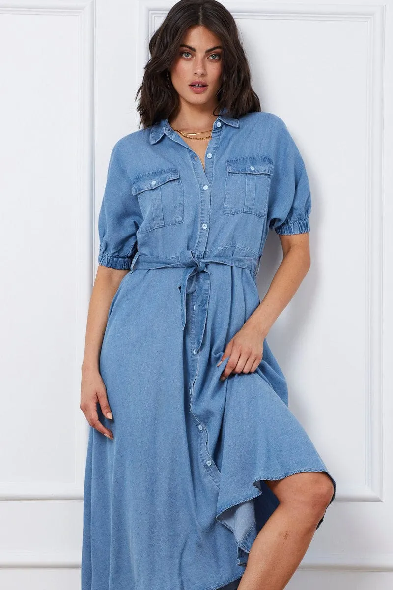 Blue A Line Dress Short Sleeve Maxi Comfortable chic maxi