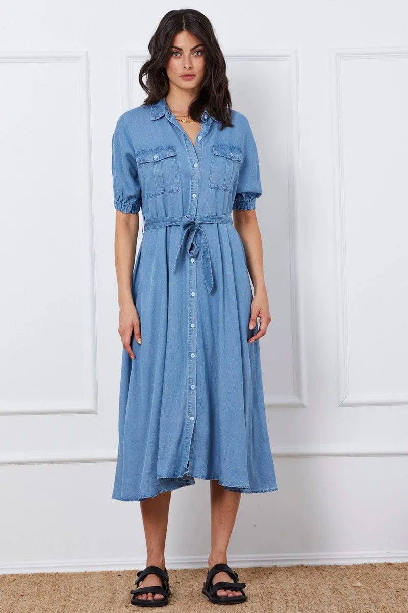 Blue A Line Dress Short Sleeve Maxi Bamboo Shade