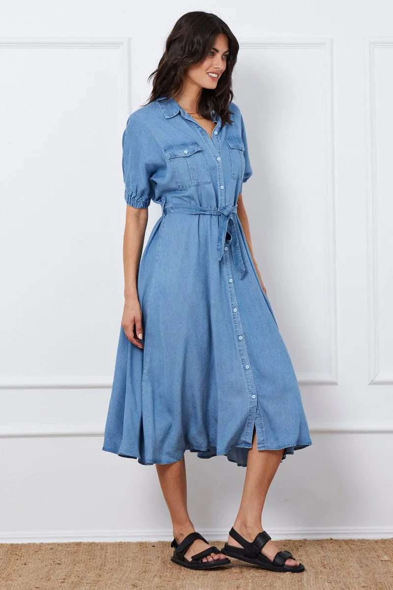 Fashionable long silhouette Blue A Line Dress Short Sleeve Maxi