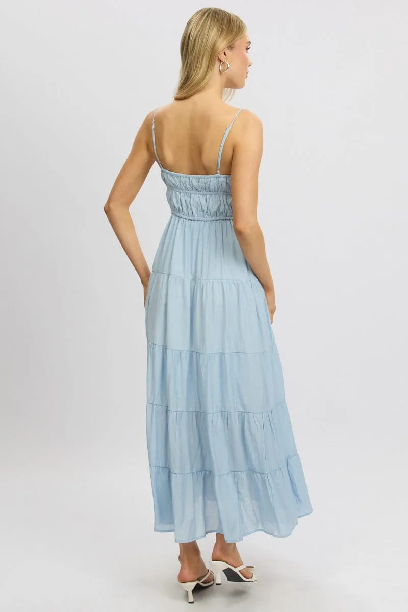 The flattering silhouette of this dress enhances your figure without compromising comfort Blue Maxi Dress Ruched Detail