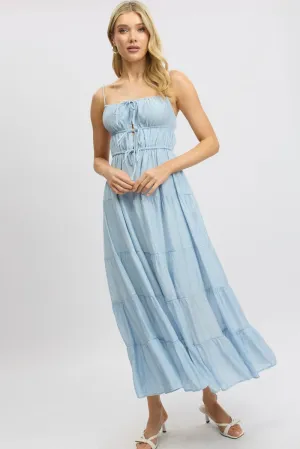 Blue Maxi Dress Ruched Detail Organza Glow Wheat Field