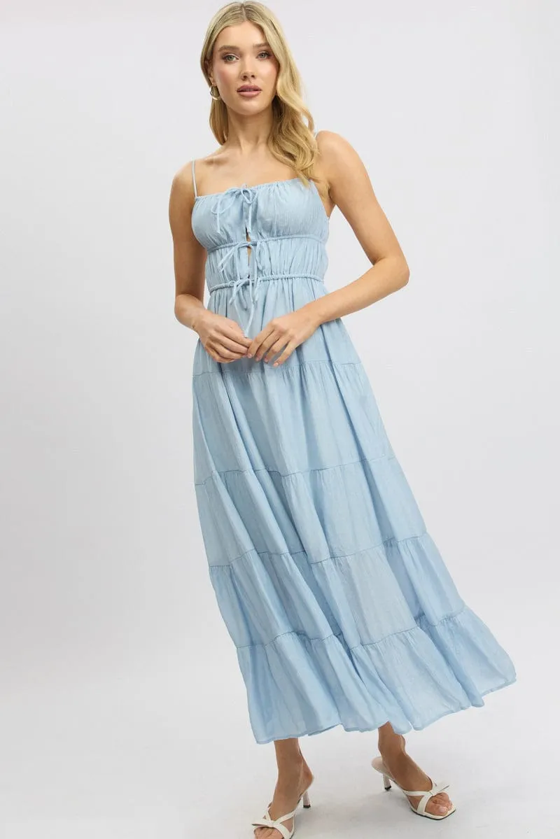 Blue Maxi Dress Ruched Detail Organza Glow Wheat Field