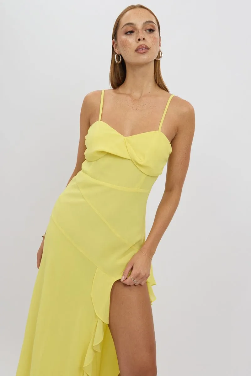 Iron Gate Elegant maxi dress for wedding Yellow Bodycon Dress Maxi Ruffle Slit Chiffon