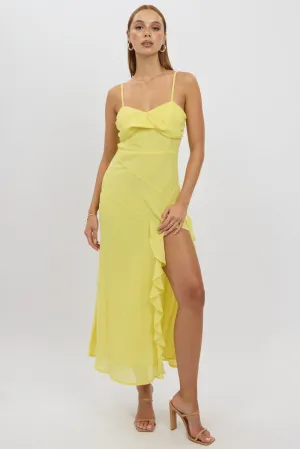 Comfortable day-to-night dress With its simple silhouette this maxi dress offers a flattering look for all body types Yellow Bodycon Dress Maxi Ruffle Slit Chiffon
