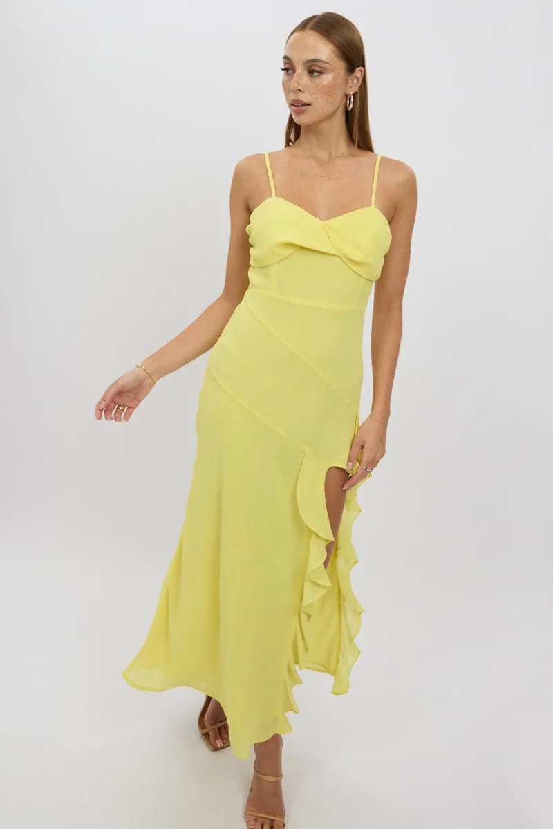 Yellow Bodycon Dress Maxi Ruffle Slit Chiffon The elegant cut of this dress ensures you look chic and feel comfortable throughout the day Boat Neck