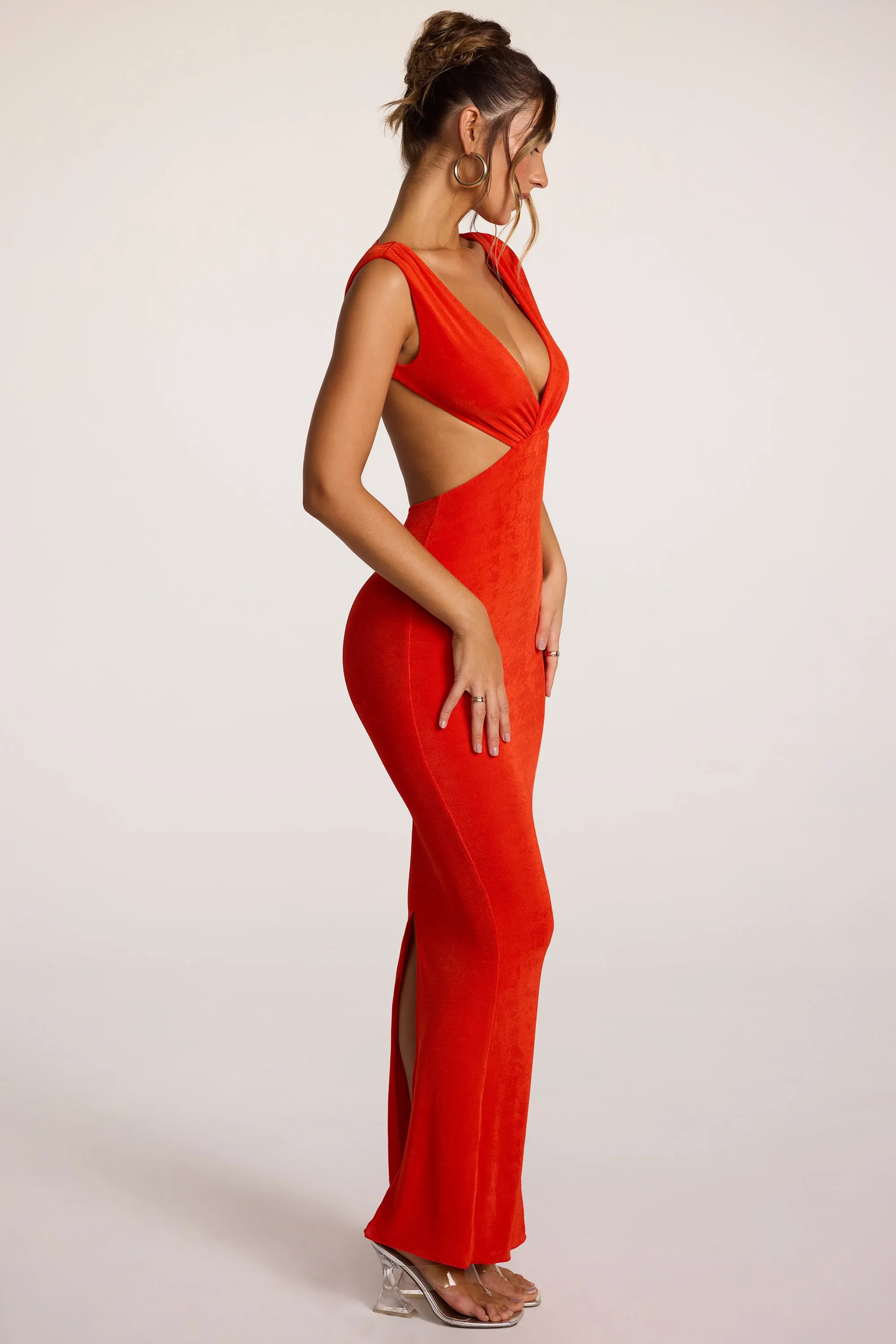 Textured Jersey Plunge Neck Maxi Dress in Fiery Red Angel Feel Bead Shine