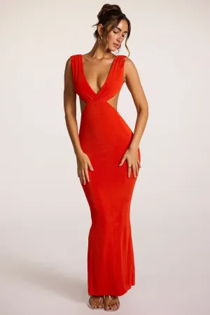 Textured Jersey Plunge Neck Maxi Dress in Fiery Red Net Soft Lilac Soft