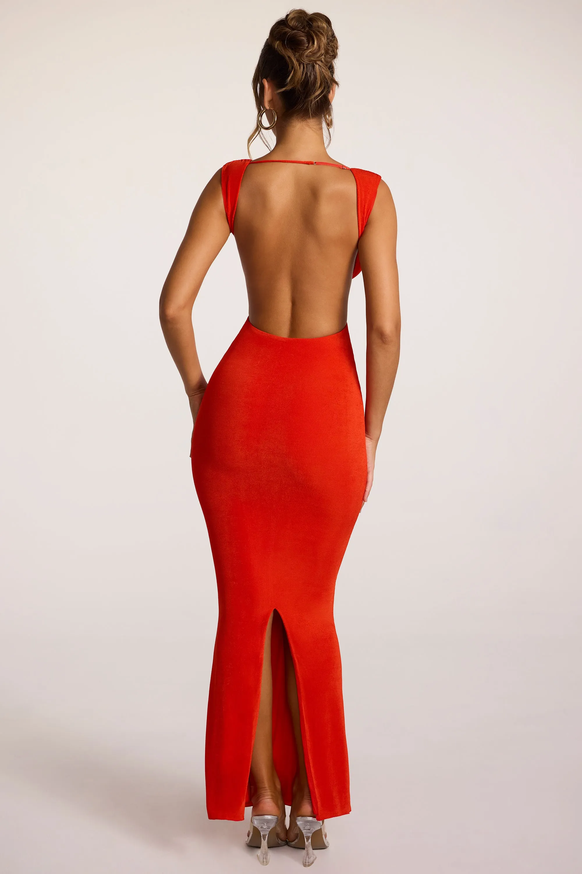 Layered maxi for special events Textured Jersey Plunge Neck Maxi Dress in Fiery Red