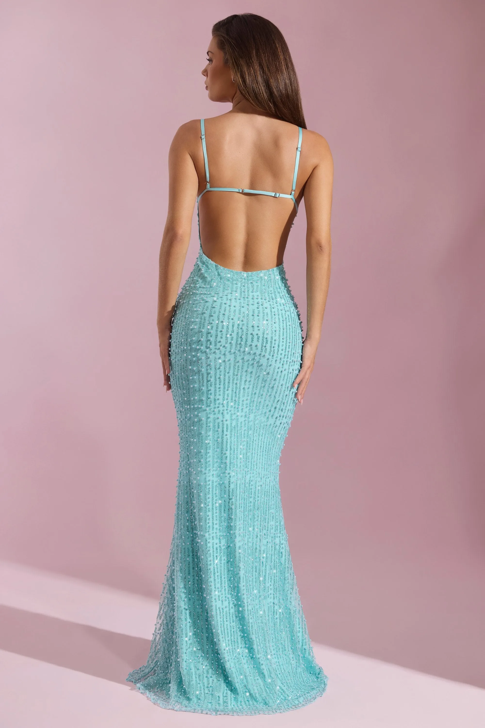 Embellished Cowl-Neck Backless Maxi Dress in Aqua Blue Palm Shade