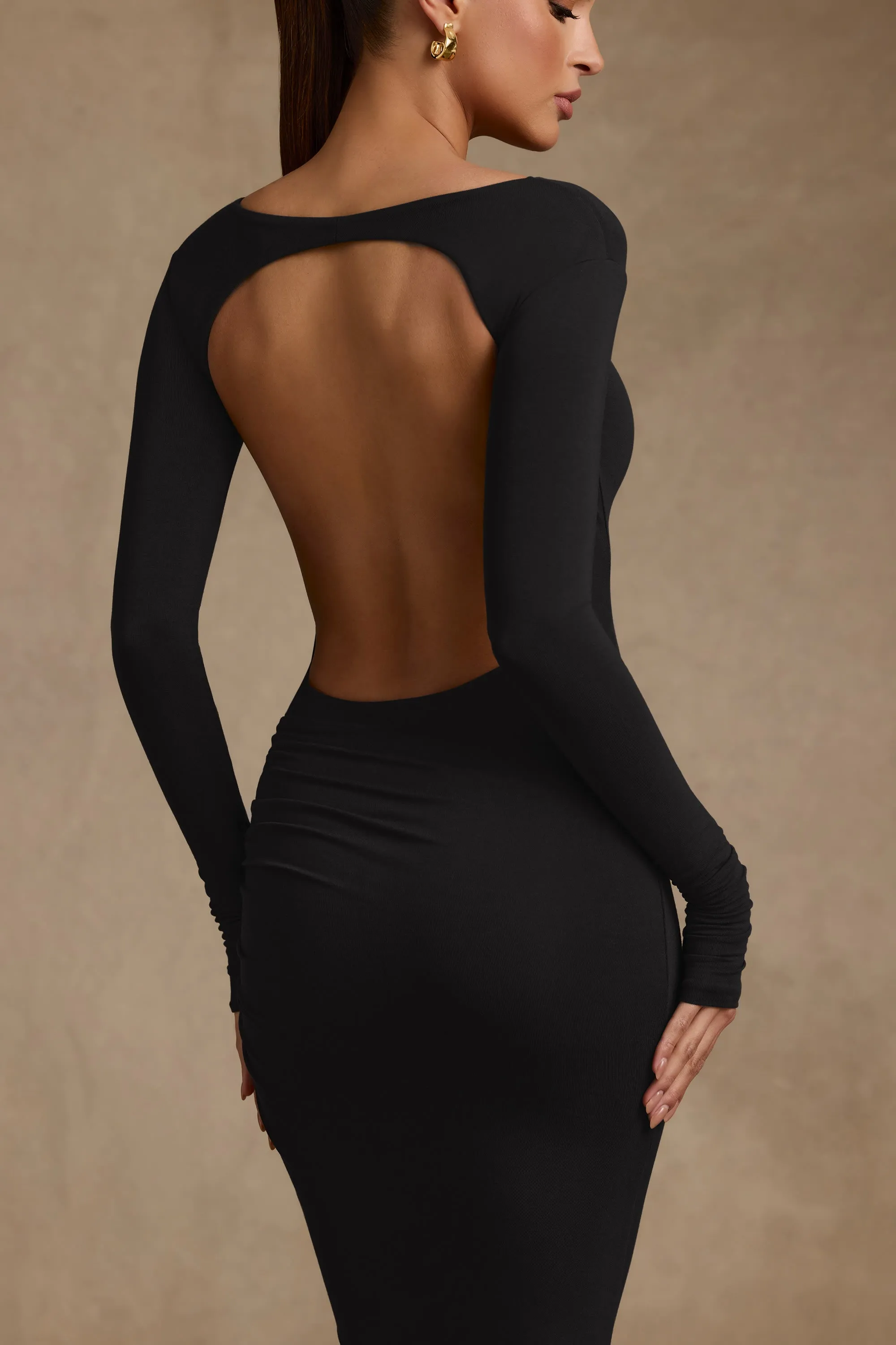 Modal Ruched Backless Maxi Dress in Black Gorgeous floor-length style
