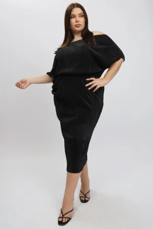 Black Asymmetric Plisse Midi Dress Bold pattern mid-calf dress Charming Wardrobe