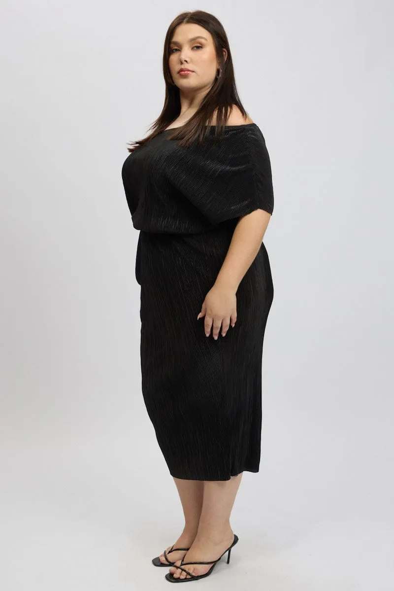 Black Asymmetric Plisse Midi Dress City Roof