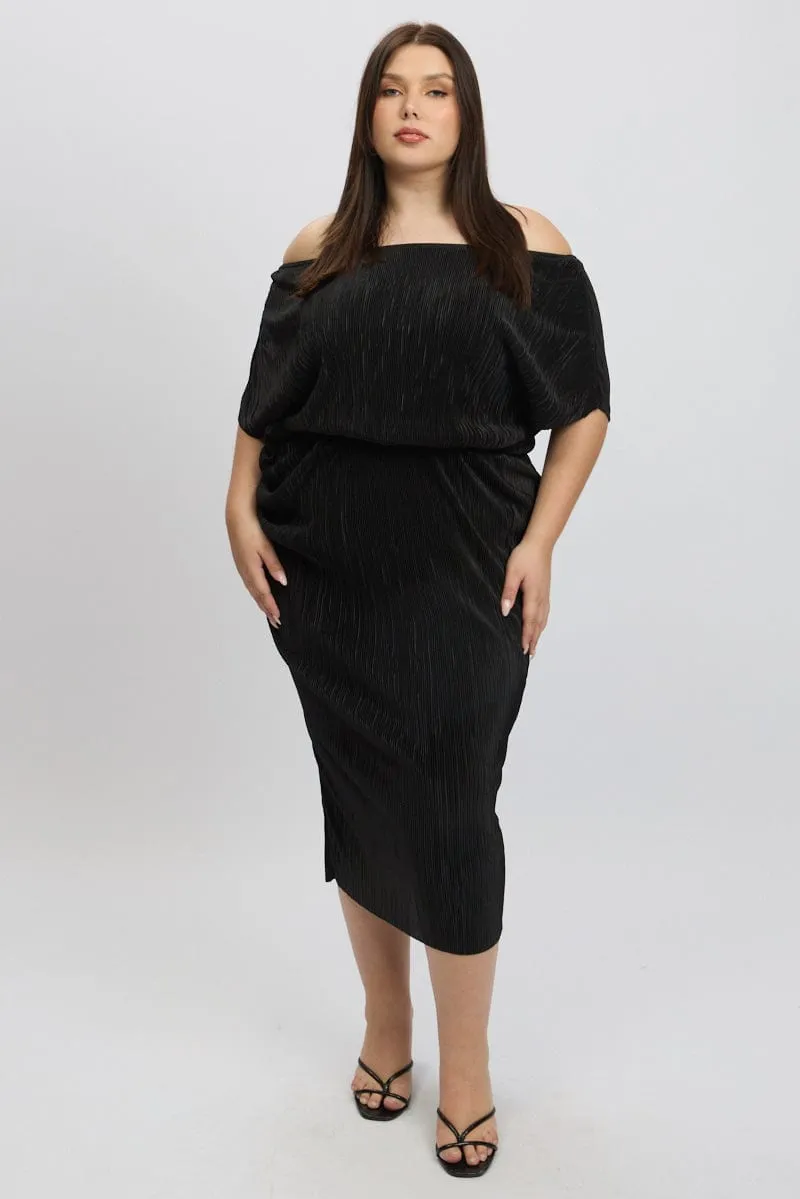 Black Asymmetric Plisse Midi Dress City Mood Clear Sky