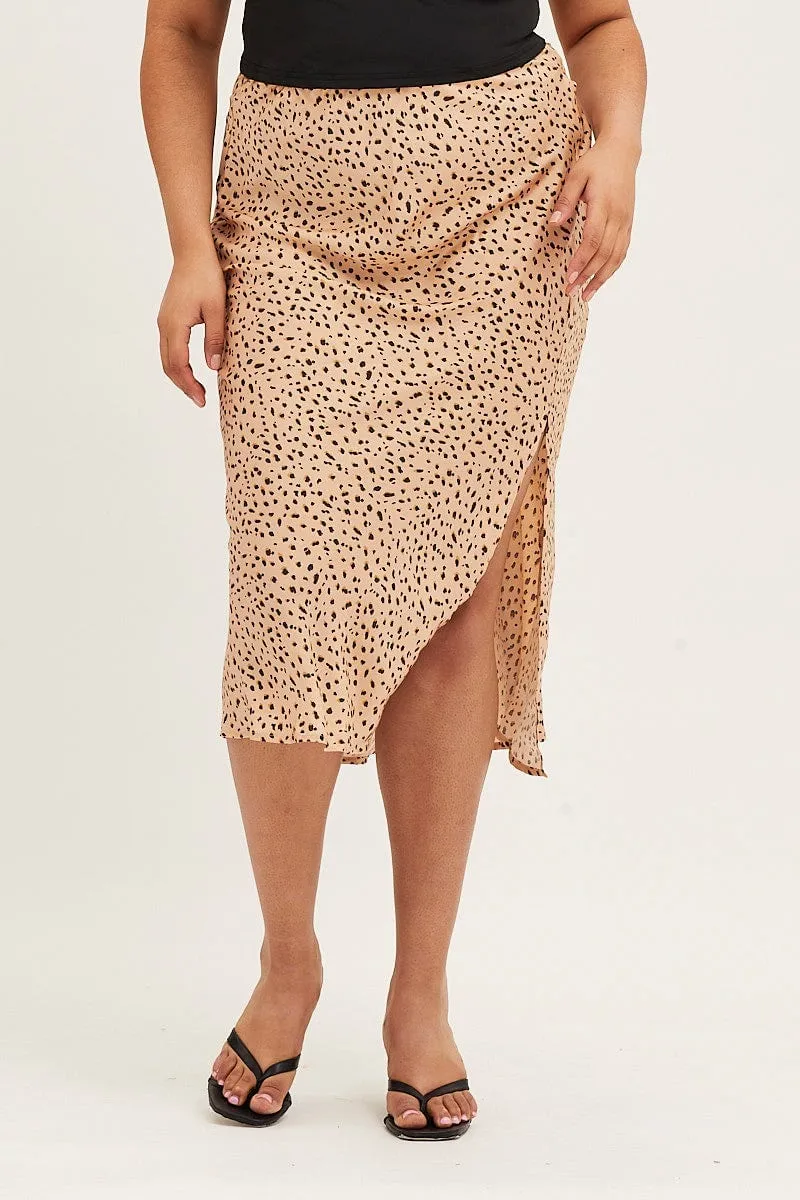 Crochet Style Emerging Designer Animal Print Satin Slit Midi Skirt