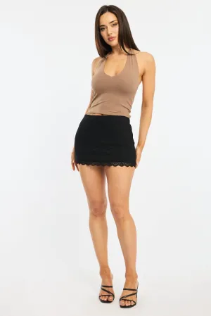Black Mini Skort Skirt High Waisted Lace Hem Ponte Recycled Polyester Street Attire