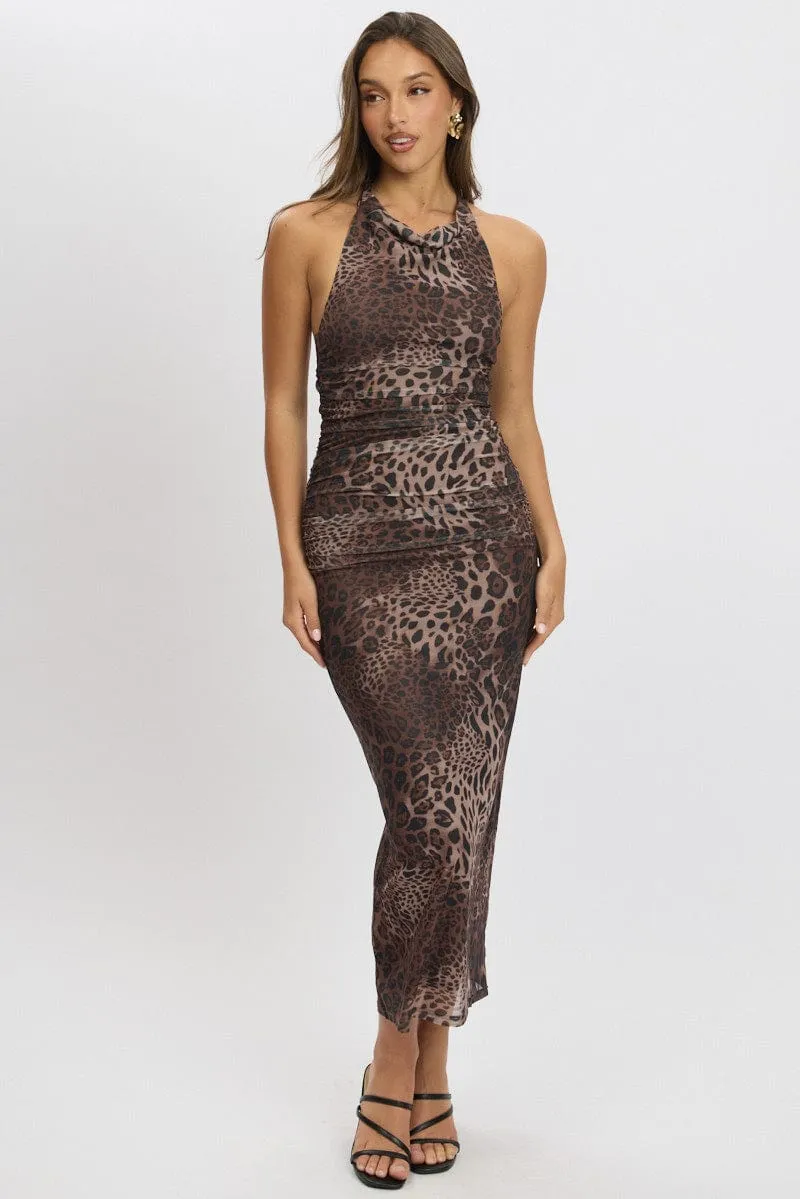 Charm Core Brown Animal Print Bodycon Dress Halter Neck