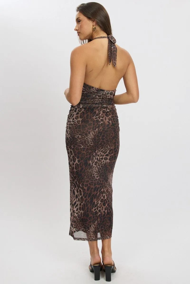 Brown Animal Print Bodycon Dress Halter Neck Casual Sweatshirt