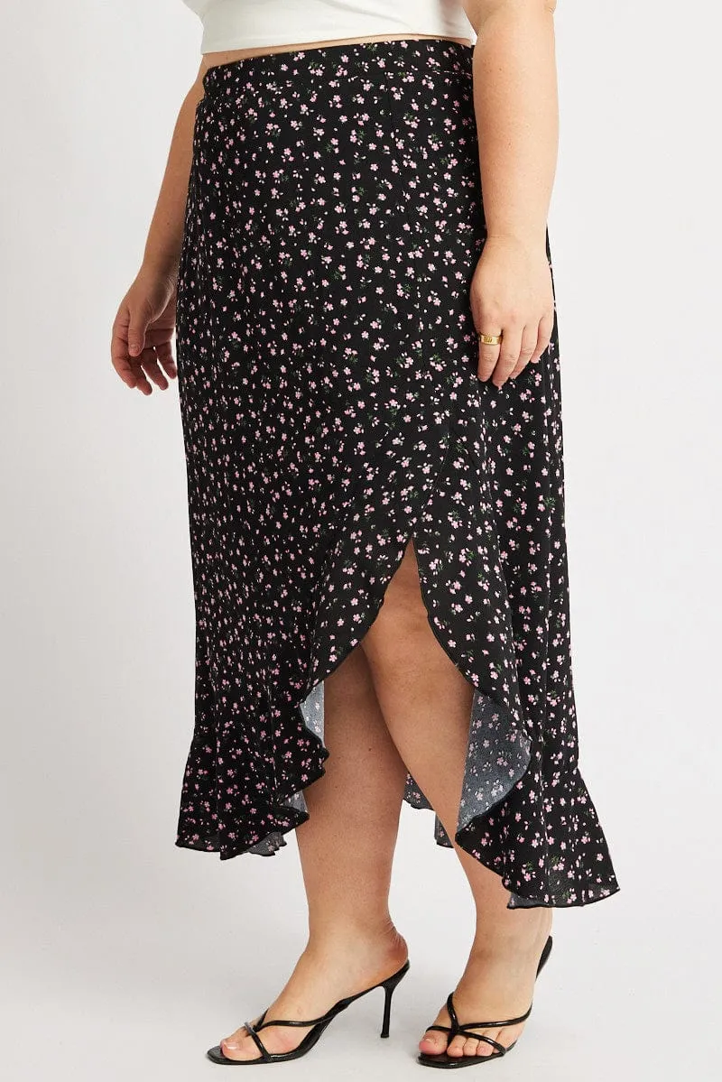 Black Ditsy Frill Maxi Skirt high contrast