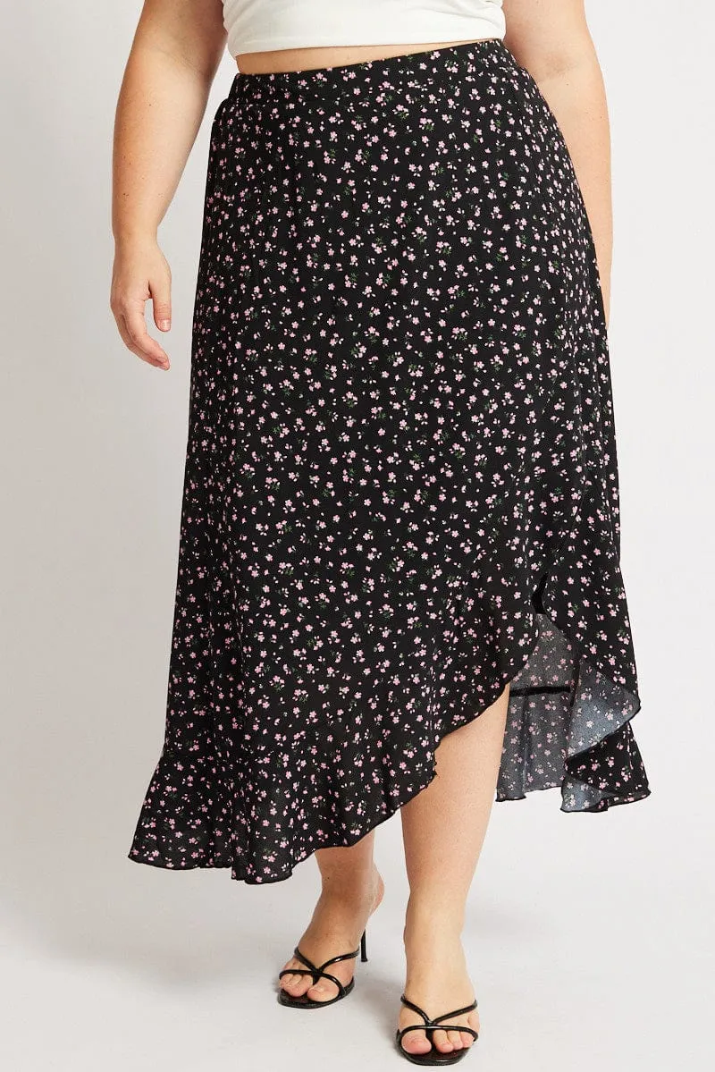 High Street Fashion Black Ditsy Frill Maxi Skirt
