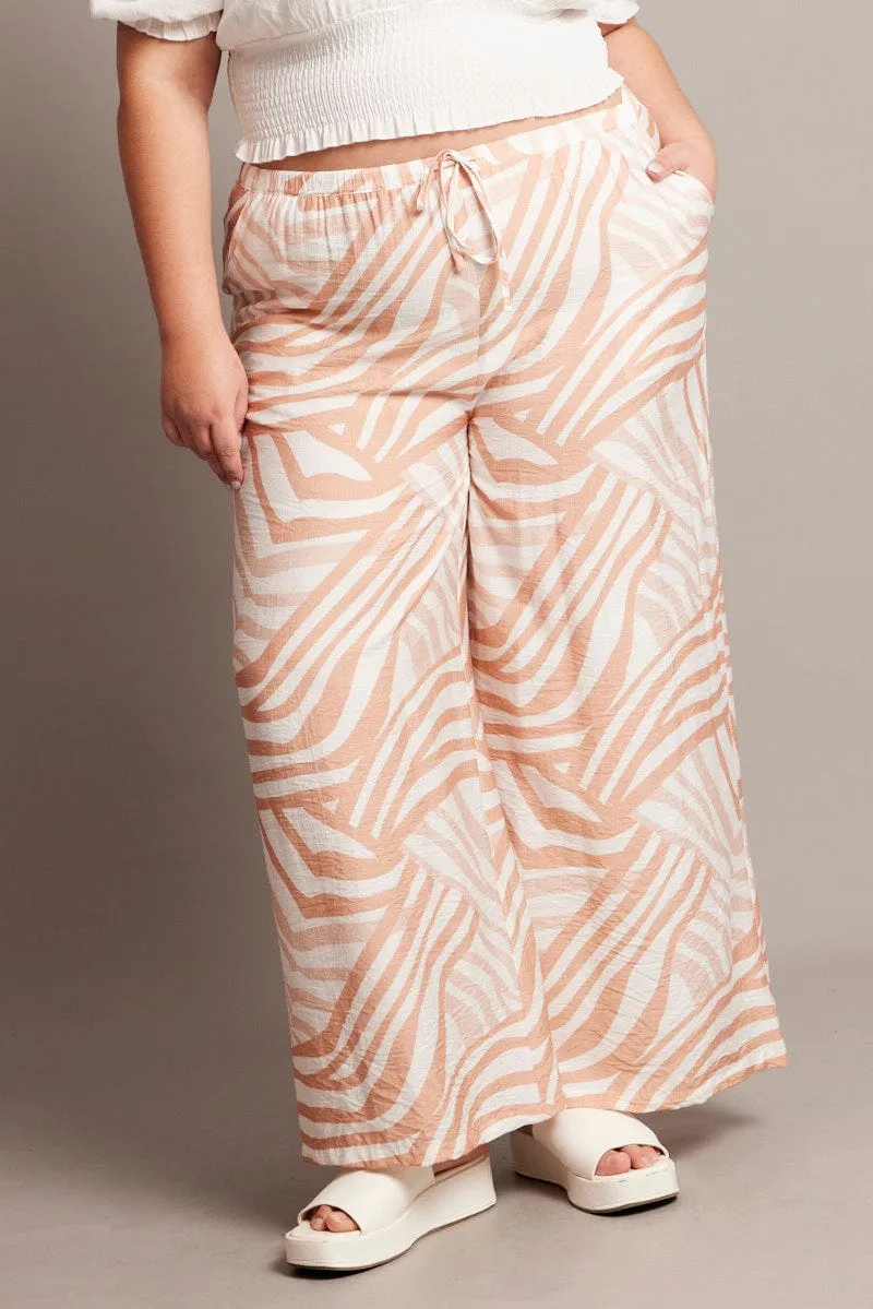 Beige Abstract Elastic Waist Wide Leg Pants Neutral Look RipstopFabric
