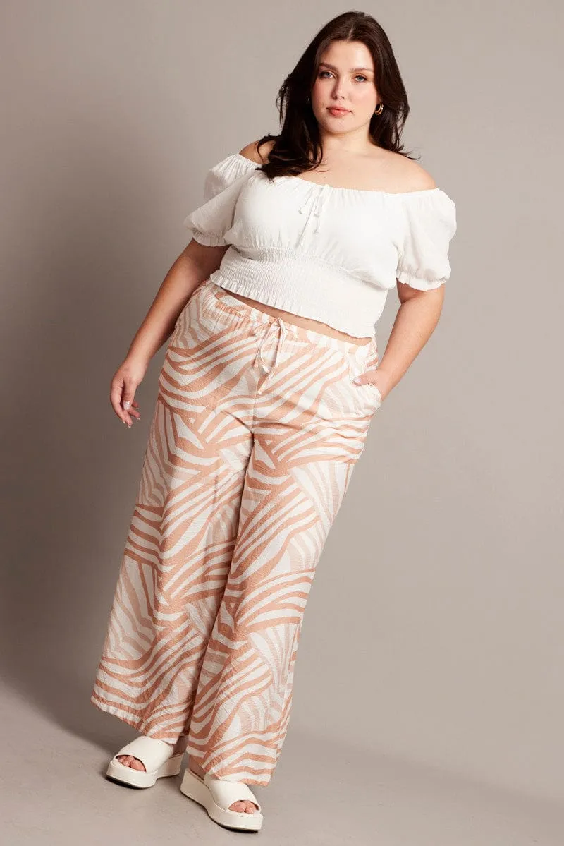 Beige Abstract Elastic Waist Wide Leg Pants anti static Workout-ready