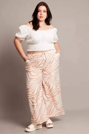 Beige Abstract Elastic Waist Wide Leg Pants Anti Pilling Treatment