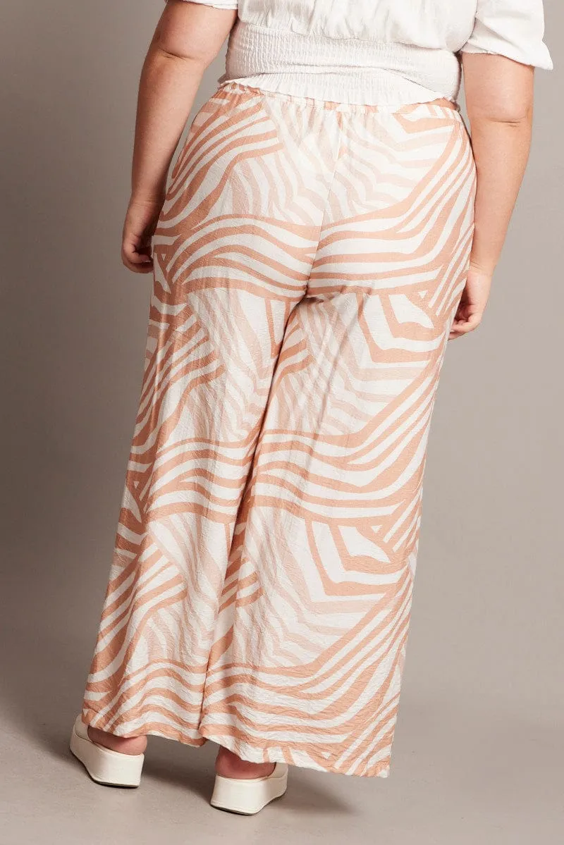 Decorative stitching Beige Abstract Elastic Waist Wide Leg Pants