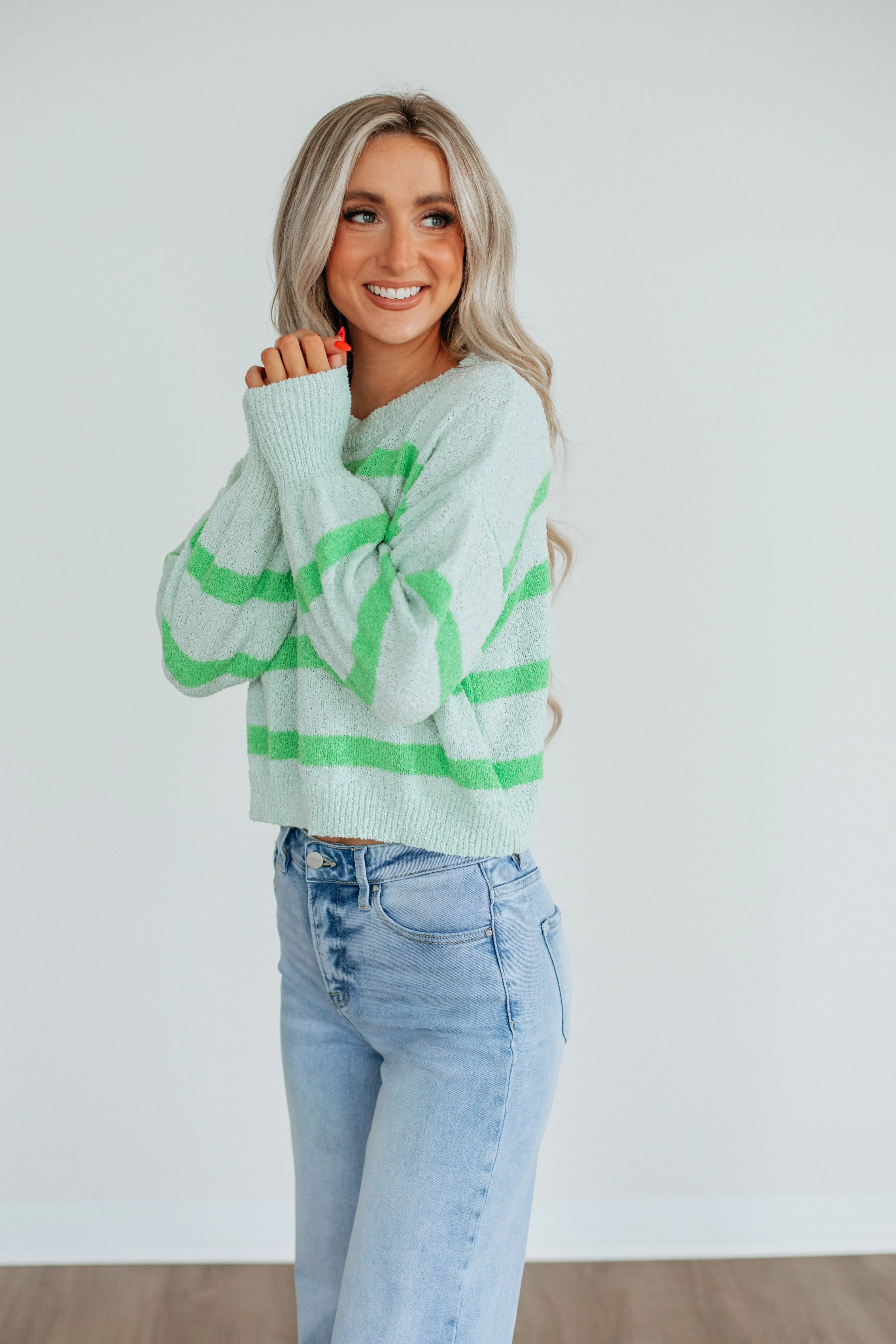Aubriana Striped Sweater - Light Mint Mix Plush Inner Lining Casual Knit Wear