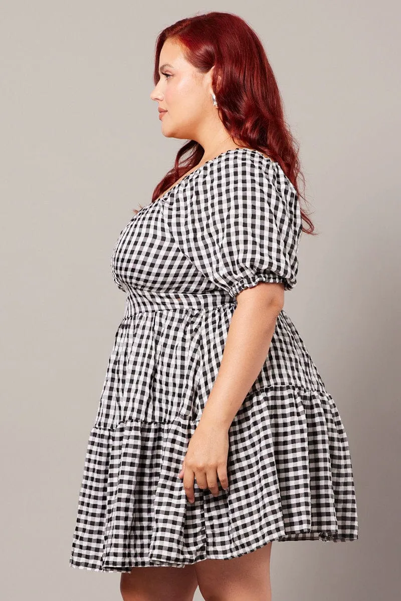 Black Check Gingham Sweetheart Mini Dress Stage Soft Fun floral mini