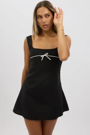 Comfortable summer outing dress Modern mini dress with sleeves Black Mini Dress Square Neck Mini Ribbon Detail