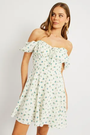 Quick Dry Textile White Ditsy Fit And Flare Dress Mini