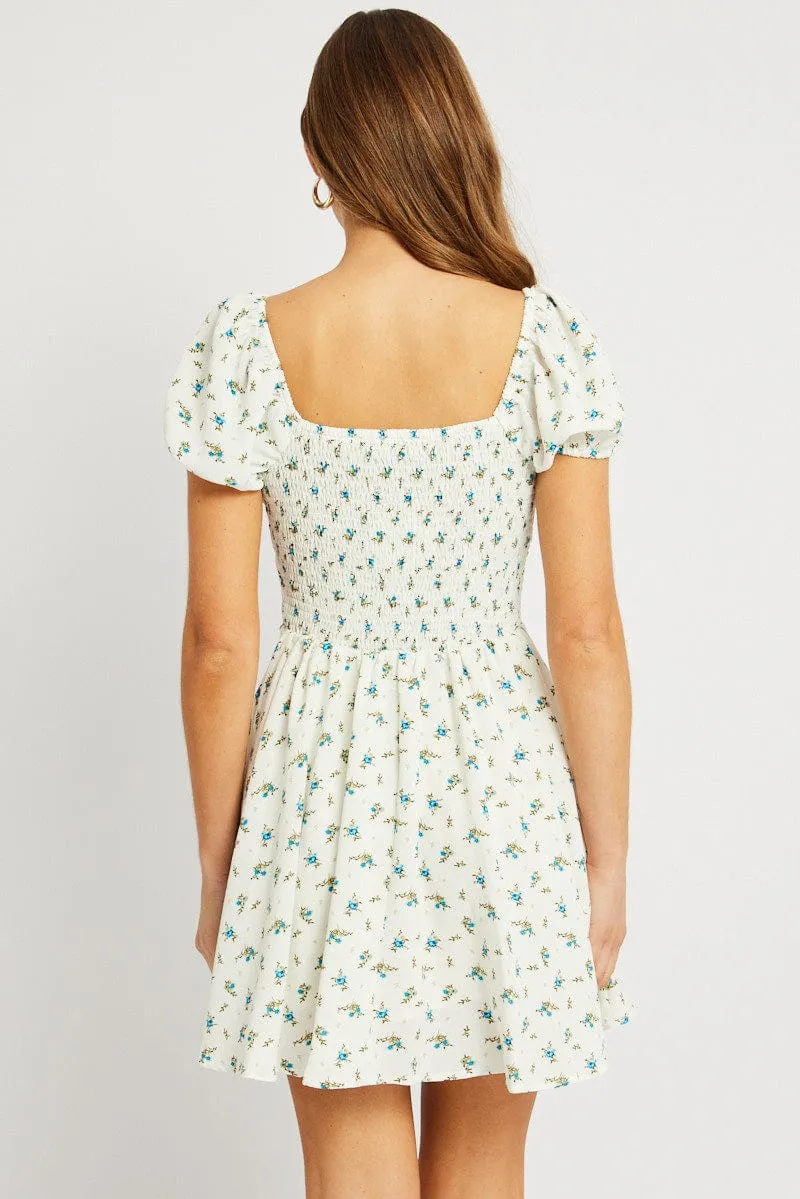 White Ditsy Fit And Flare Dress Mini Baddie Vibe