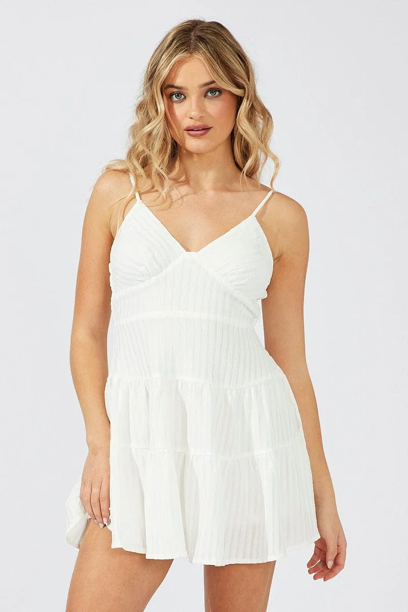 Flowy Design All Day Wear White Fit And Flare Dress Mini Textured Fabric
