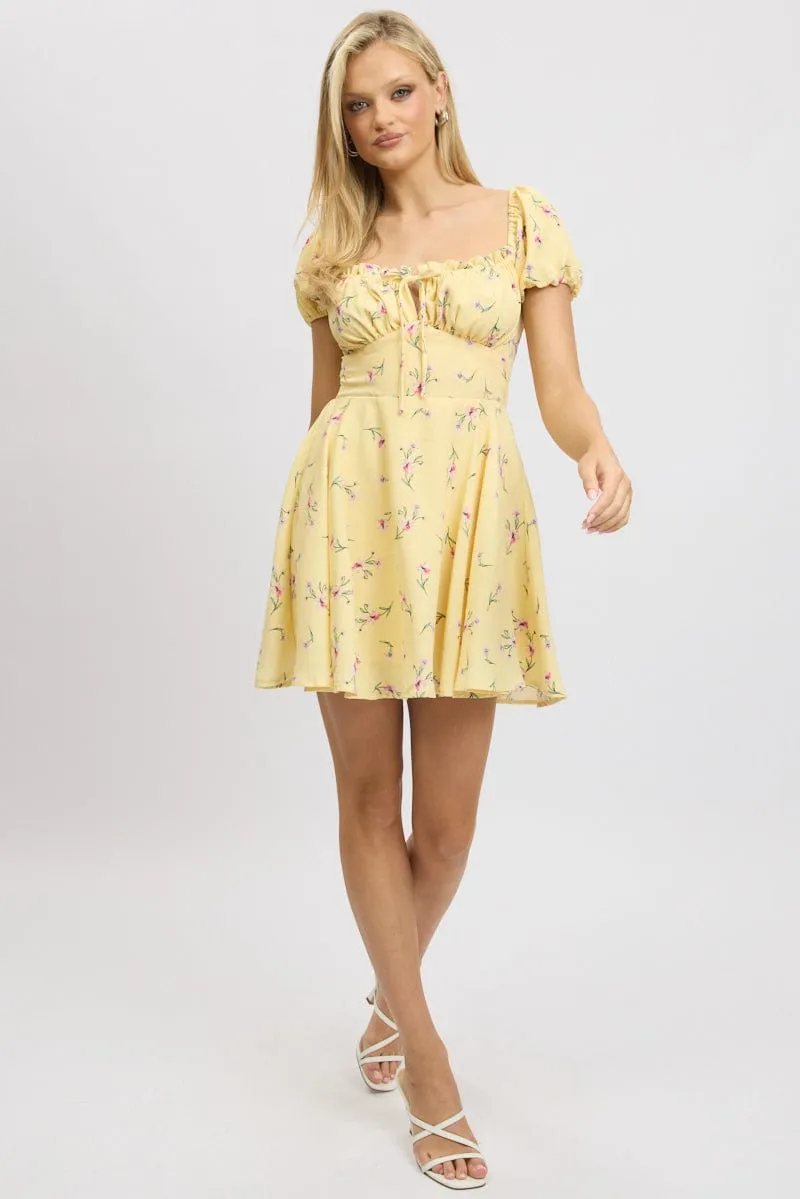 Tear Resistant Yellow Floral Fit And Flare Dress Mini