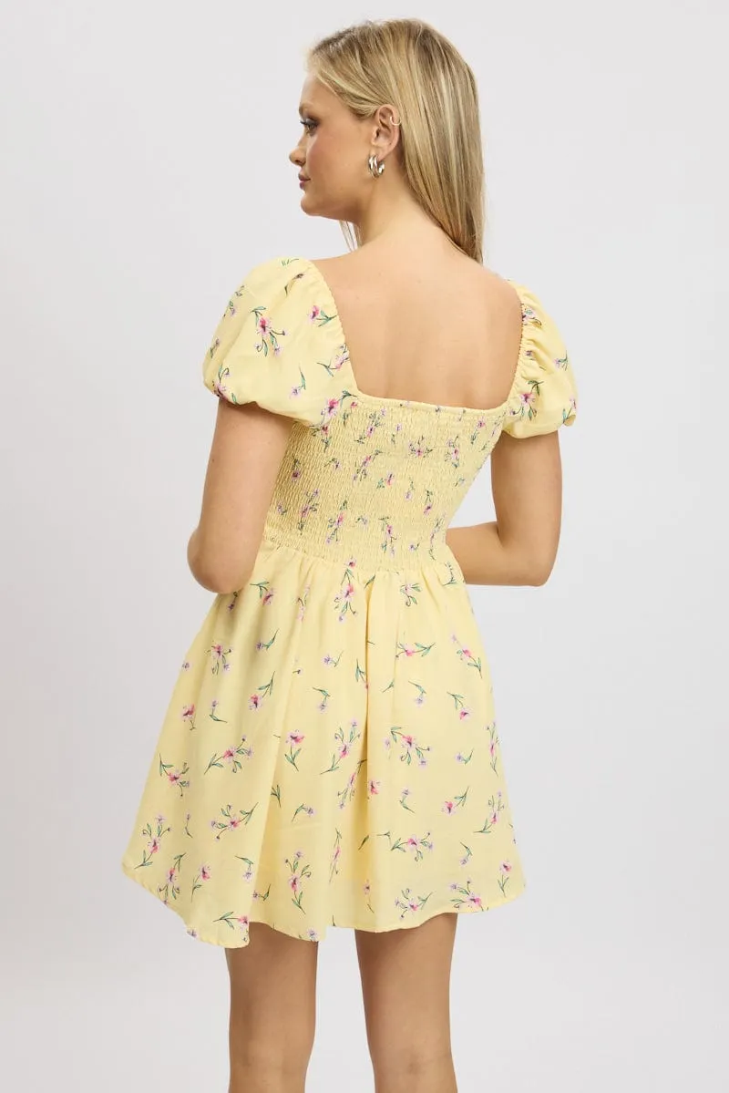 Casual stylish short dress Knit Blend Fabric Yellow Floral Fit And Flare Dress Mini