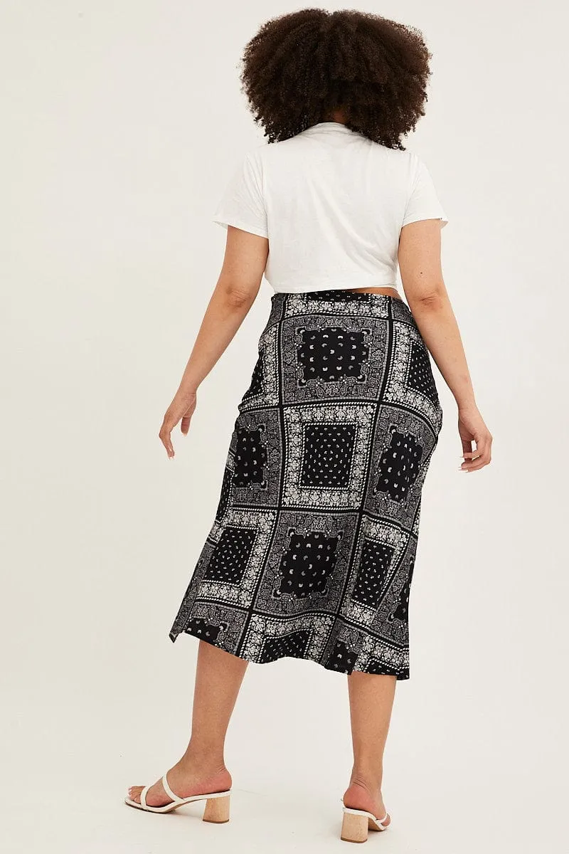 Black Boho Midi Skirt Bias Bandana Print Split Minimalist Trim
