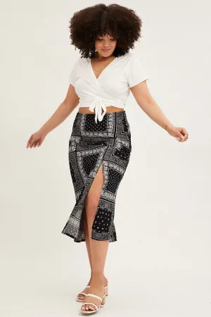 Beach Day Clean Cut Black Boho Midi Skirt Bias Bandana Print Split