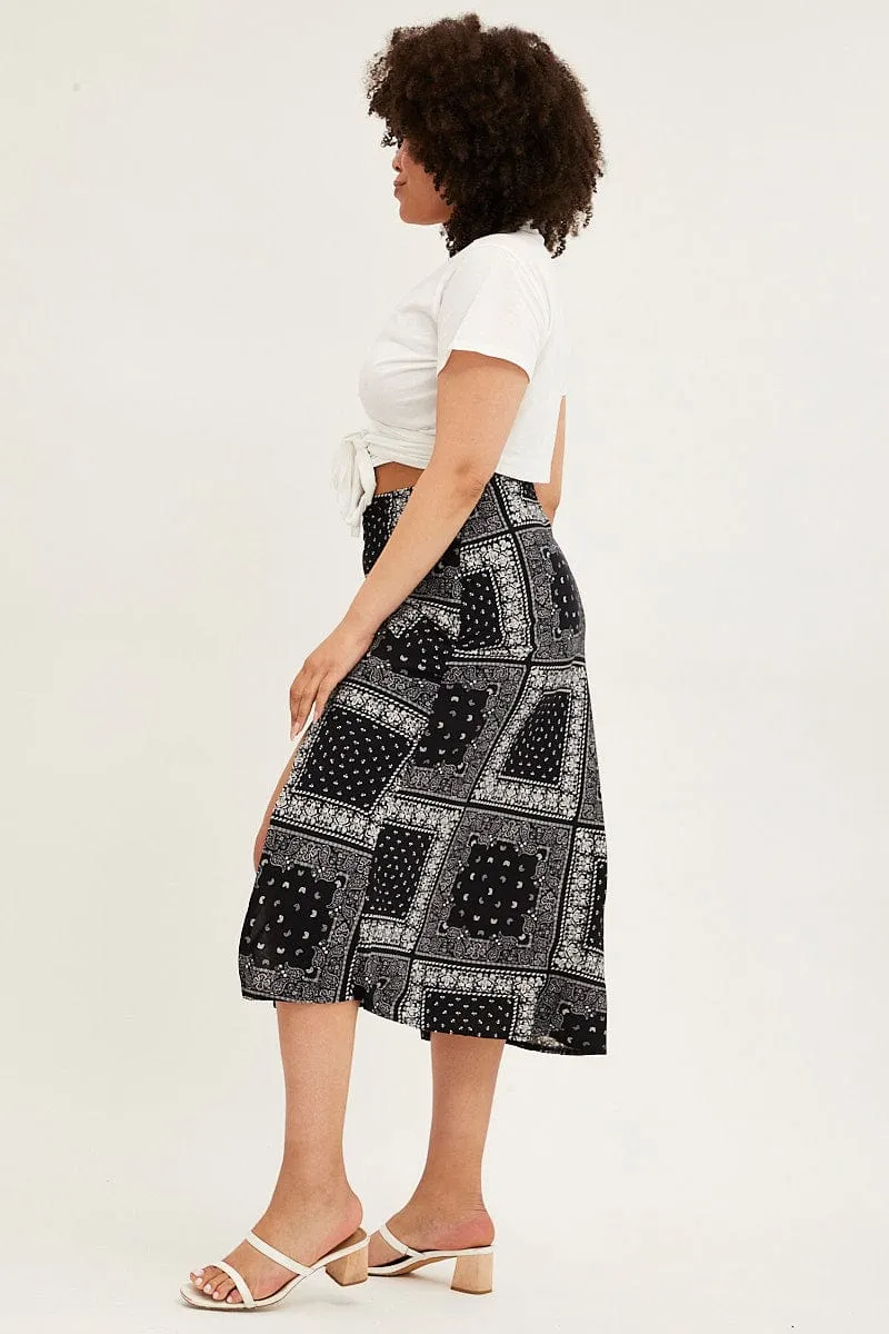 Comfy Fit Black Boho Midi Skirt Bias Bandana Print Split