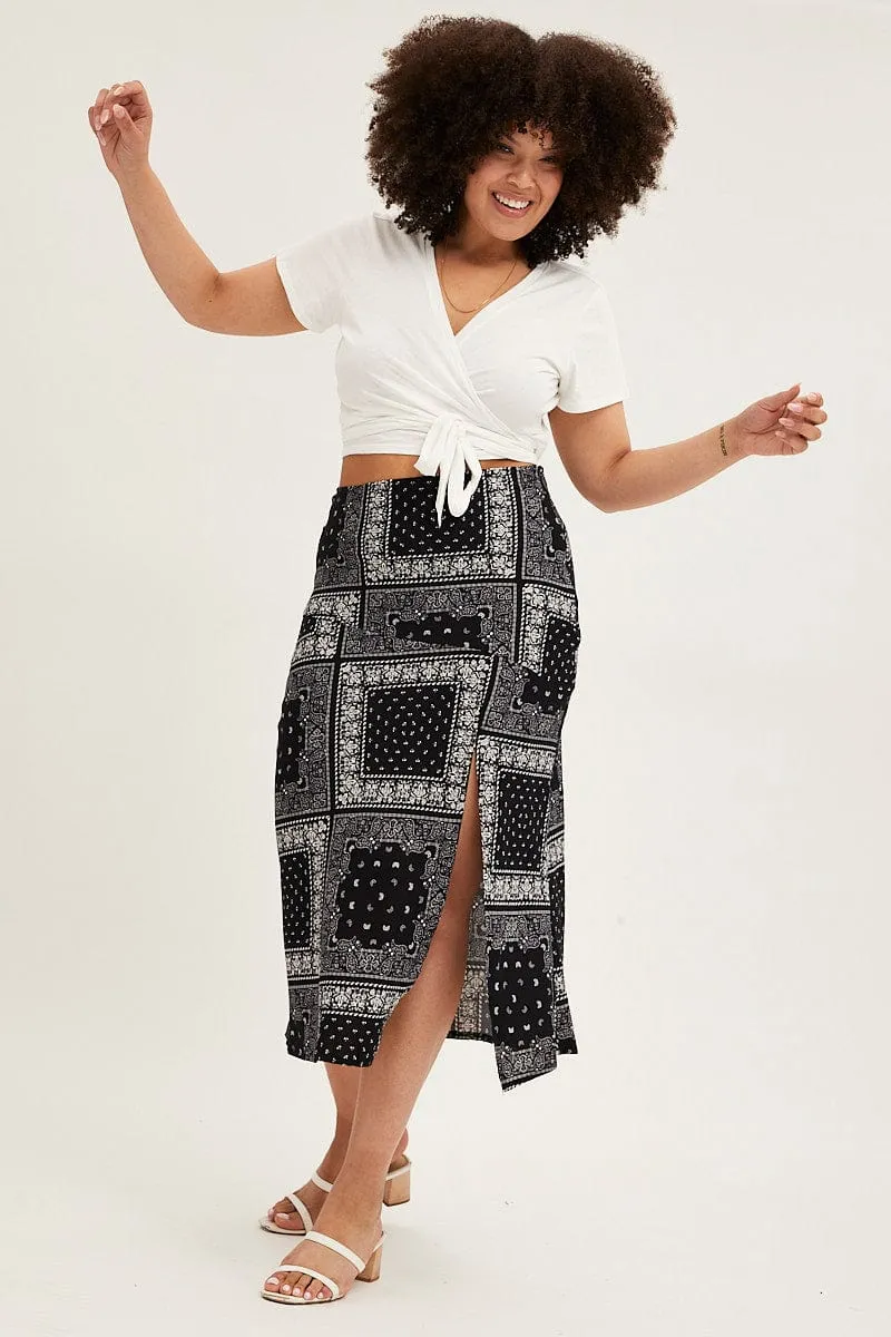 Black Boho Midi Skirt Bias Bandana Print Split Elastic hemline