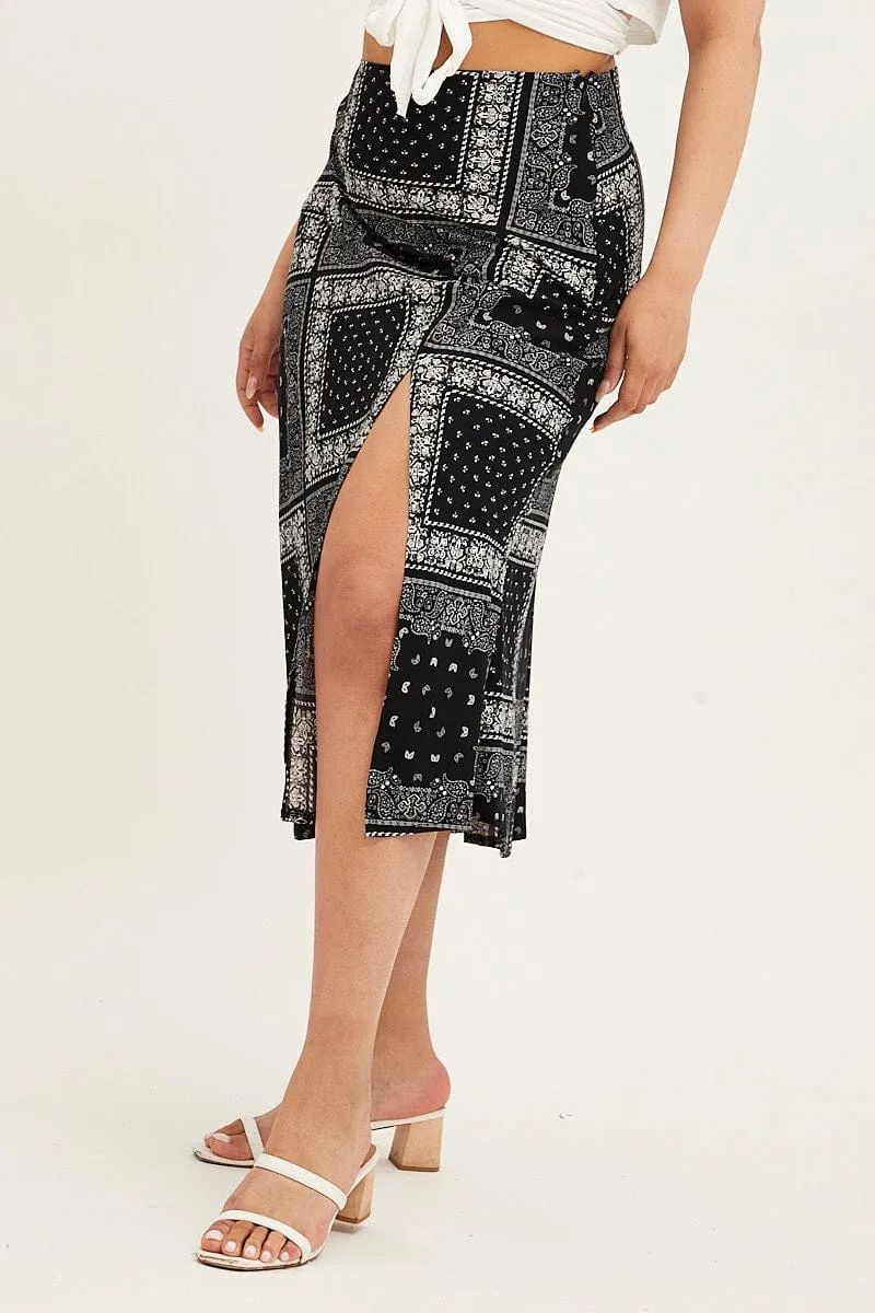 Waist Defining Black Boho Midi Skirt Bias Bandana Print Split