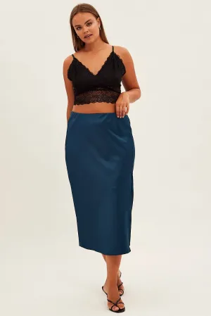 City Ready Blue Midi Skirt Bias Satin Split Side
