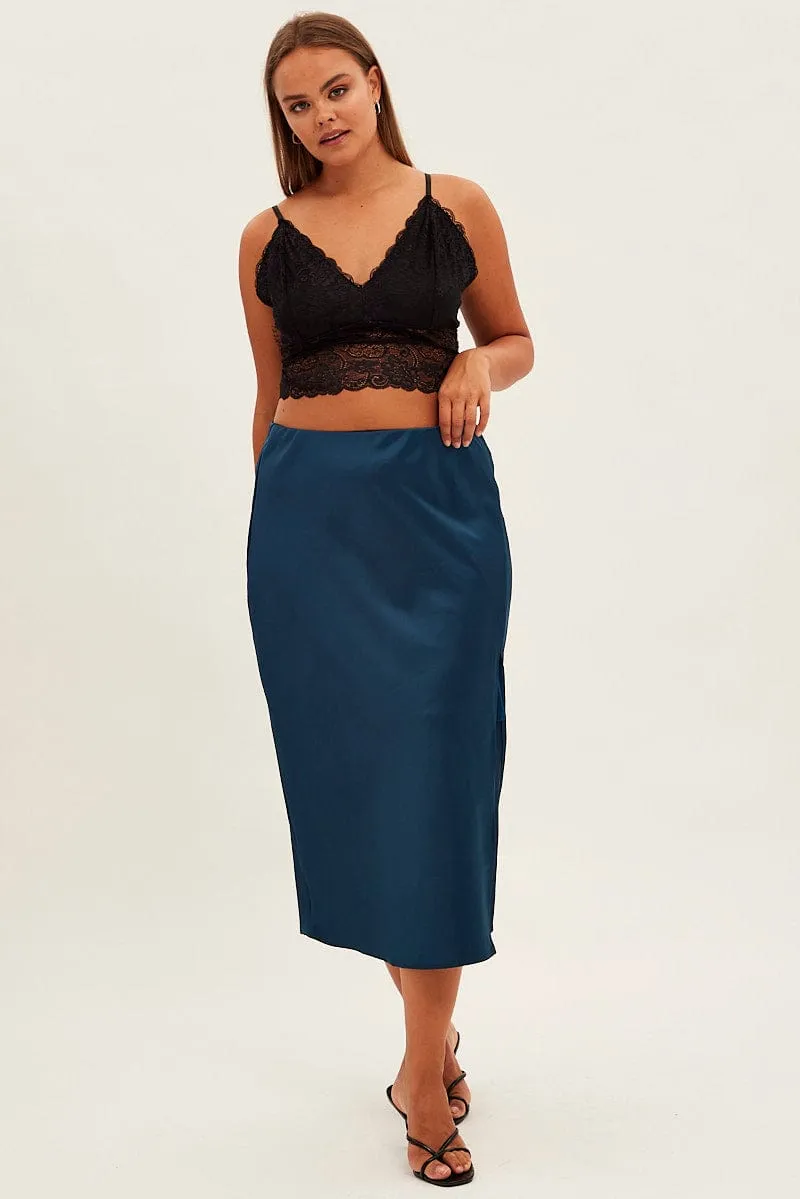 City Ready Blue Midi Skirt Bias Satin Split Side