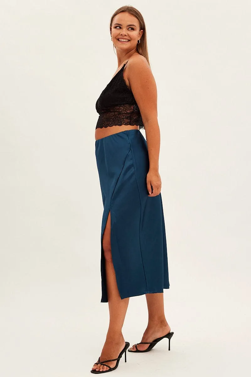Blue Midi Skirt Bias Satin Split Side Refined Edge Elastic hem