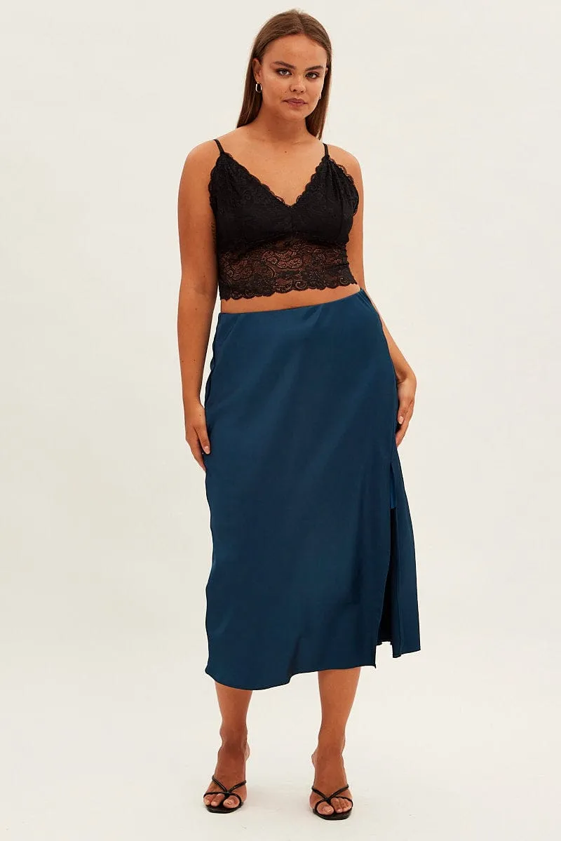 Stylish Finish Coordinated Set Blue Midi Skirt Bias Satin Split Side
