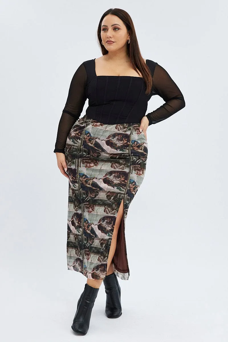Fashion Tones Minimal Look Brown Abstract Midi Skirt Mesh