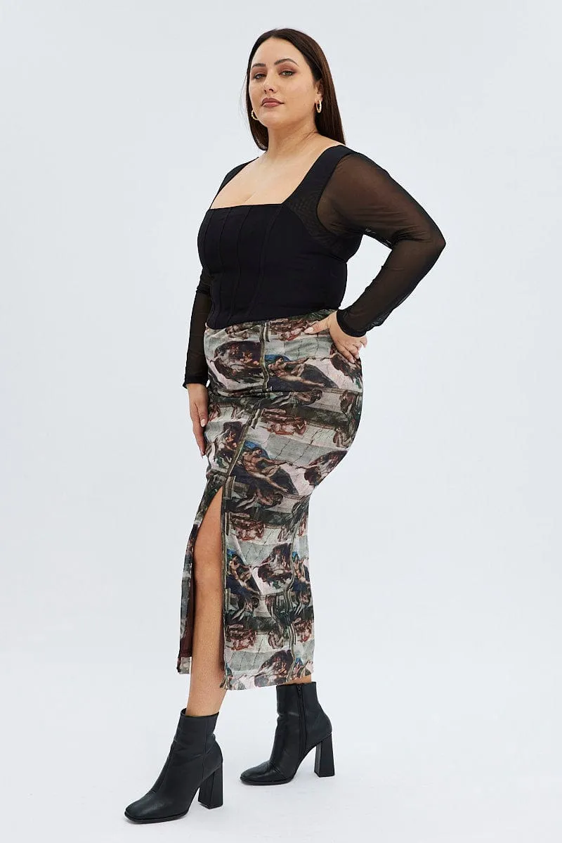Smooth Layer Brown Abstract Midi Skirt Mesh