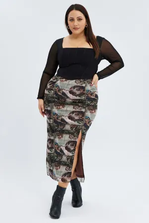 yoga session Streetwear Look Brown Abstract Midi Skirt Mesh