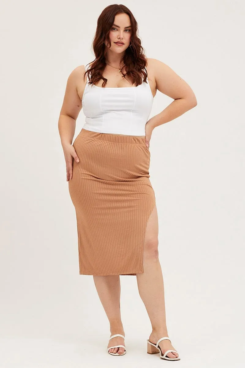 Brown Midi Bodycon Skirt Rib Outfit Details