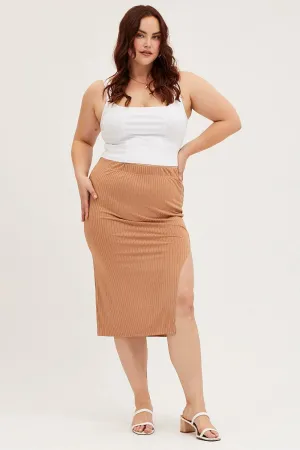 Lightweight Thermoregulating Fabric Brown Midi Bodycon Skirt Rib